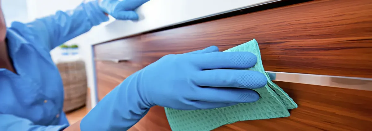 Cleaner wearing blue gloves wiping a wooden cabinet drawer with a microfiber cloth for dust and grime removal, Bloomington, IN.