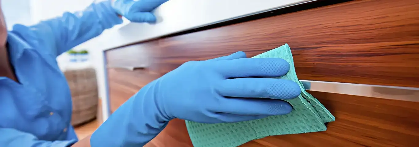 Cleaner wearing blue gloves wiping a wooden cabinet drawer with a microfiber cloth for dust and grime removal, Bloomington, IN.