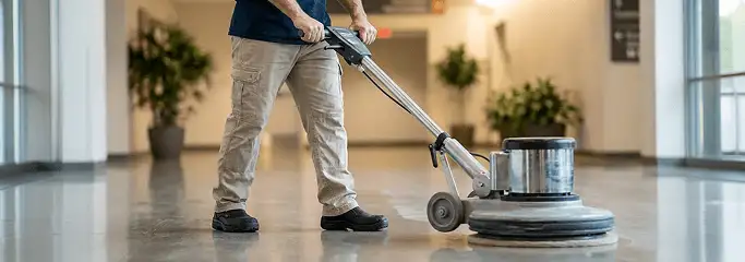 Professional technician using an industrial floor buffer to polish and maintain shiny commercial flooring in a corporate hallway in Bloomington, IN.