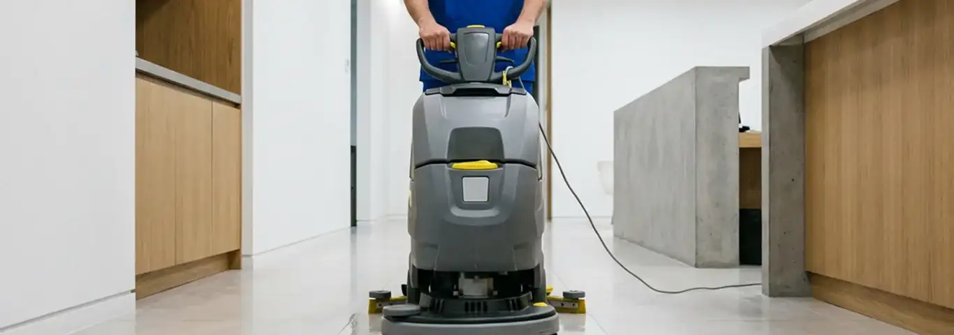Janitorial staff using a floor scrubber machine to clean a commercial hallway, Bloomington, IN.