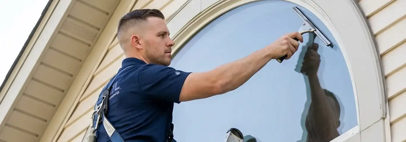 Professional window cleaner using a squeegee to clean an exterior arched window on a home, Bloomington, IN.