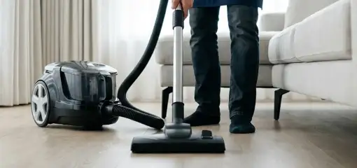 Professional house cleaner vacuuming a living room floor with a canister vacuum cleaner, Bloomington, IN.