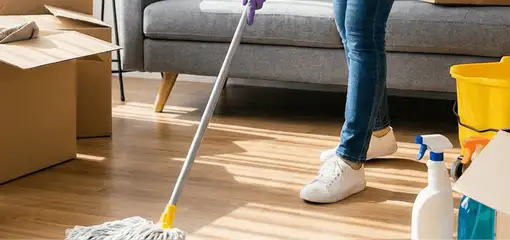 Move-out cleaning setup with a cleaner mopping hardwood floors near moving boxes and cleaning supplies, Bloomington, IN.