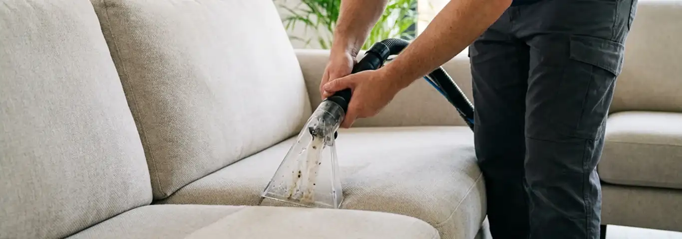 Technician extracting dirt and moisture from a fabric sofa with an upholstery cleaning wand, Bloomington, IN.