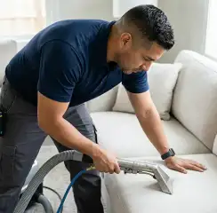 Professional upholstery cleaning technician using an extraction wand to deep-clean a fabric sofa, Bloomington, IN.
