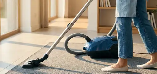 Person vacuuming a living room rug with a canister vacuum cleaner near large windows, Bloomington, IN.
